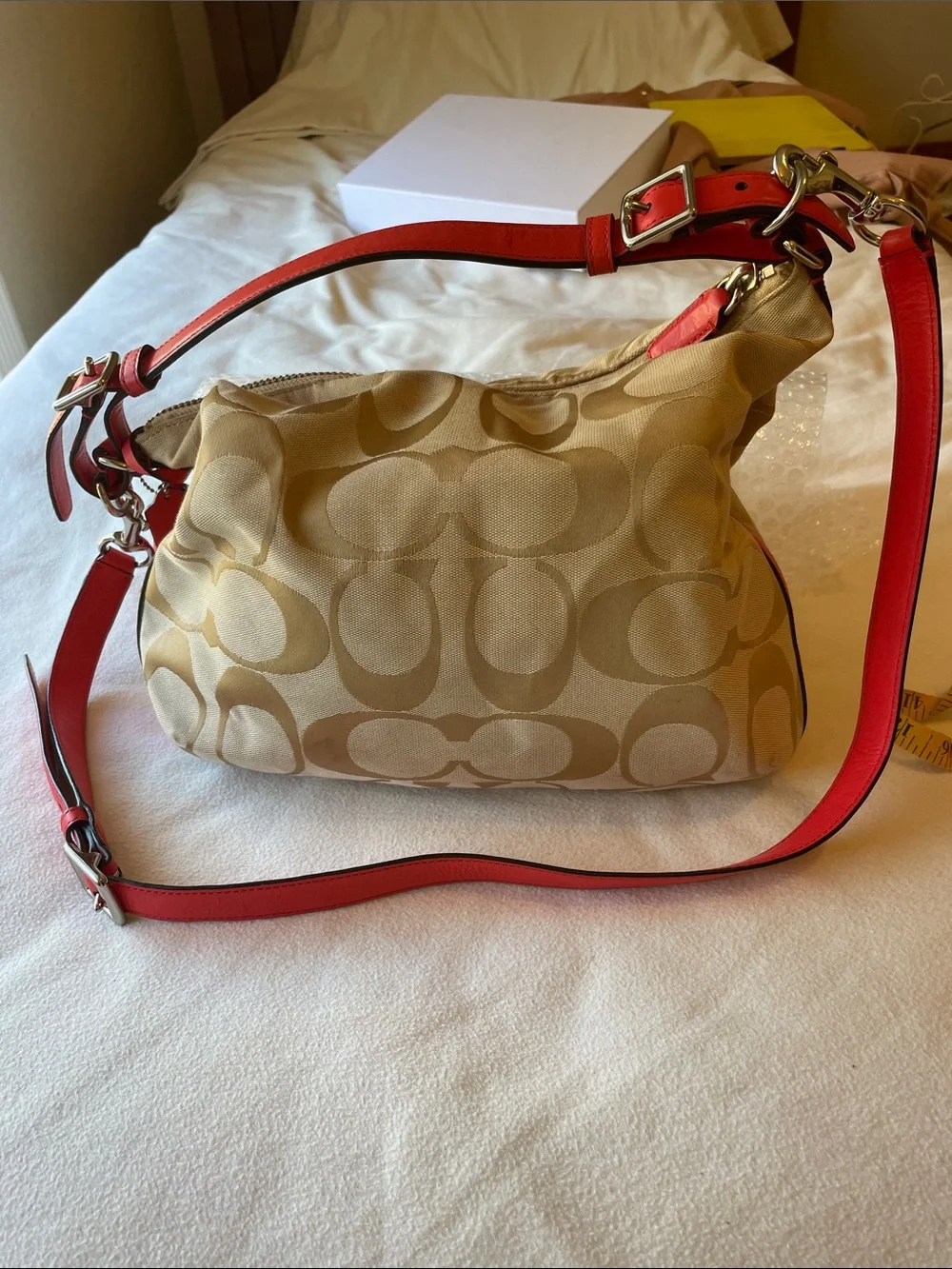 Coach Beige Gold and Canvas Crossbody with Coral Leather Trim